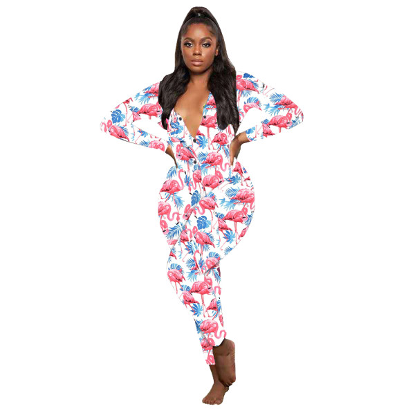 Casual Pattern Printed V Neck Home Jumpsuit