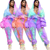 Casual Tie-dye Printed Hooded Sports Two Piece Outfits