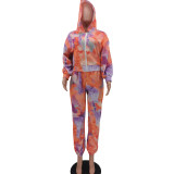 Casual Tie-dye Printed Hooded Sports Two Piece Outfits