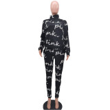Casual High Neck Printed Letters Sweatshirt Pant Set