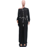 Casual Bandage Knotted Blouse and Wide-leg Pants
