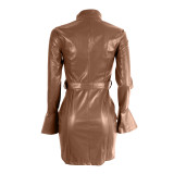 Solid Color PU Leather Mini Dress with Belt