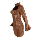 Solid Color PU Leather Mini Dress with Belt
