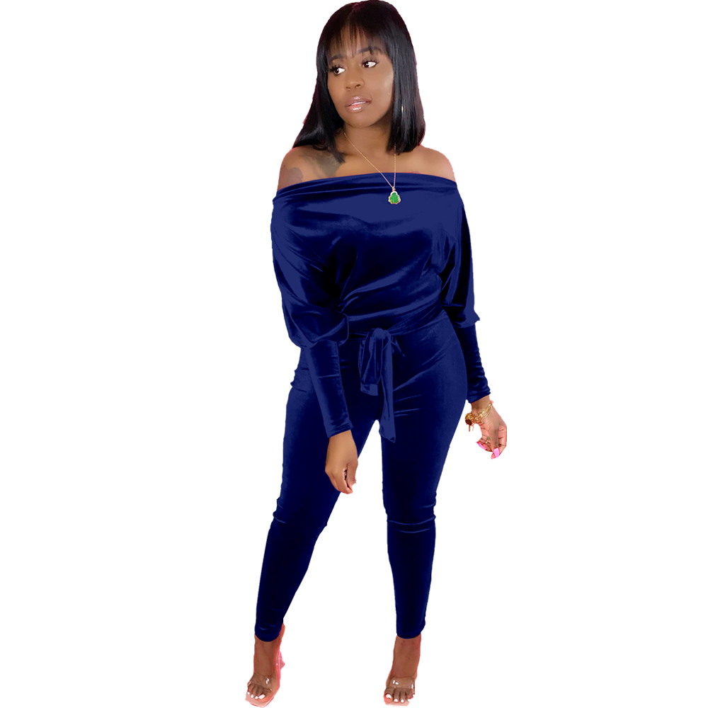 Solid Color Off Shoulder Velvet Jumpsuit with Belt