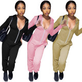 Solid Color Zipper Hooded Irregular Sports Blouse and Two-Piece Outfits