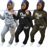 Casual Letter Print Hooded Sweatshirt and Pleated Trousers
