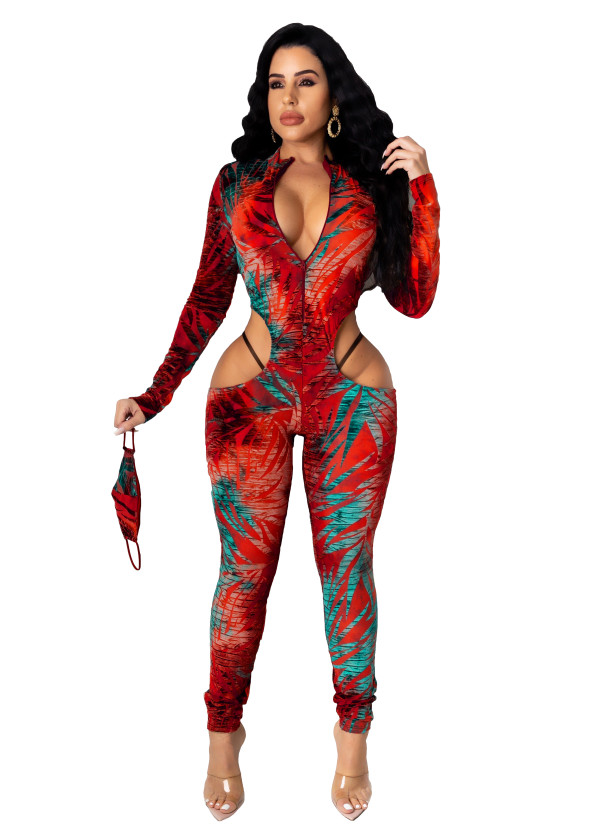 Sexy Printed Zipper Jumpsuit with Mask