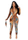 Sexy Printed Zipper Jumpsuit with Mask
