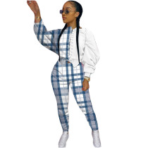 Casual Blue/White Lattice Print Pant Set