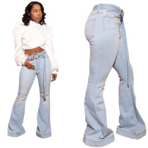 Casual Frazzle Hole Jeans with Belt