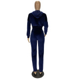 Casual Velvet Zipper Hoodie Top and Trousers