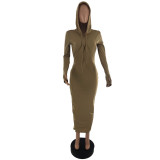 Solid Color Hoodie Zipper Slit Sides Maxi Dress