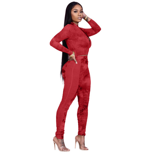 Casual Mesh Pleated Stitching Printed Pant Set