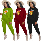 Solid Color Printed Sweatshirt Two Piece Outfits