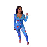 Casual Christmas Print V Neck Home Jumpsuit