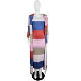 Casual Pit Strip Print Matching Maxi Dress with Long Coat