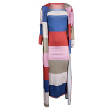 Casual Pit Strip Print Matching Maxi Dress with Long Coat