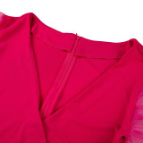 Solid Color V Neck Net Lantern Sleeve Jumpsuit with Belt