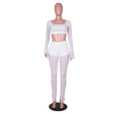 Sexy See Through Mesh Flared Sleeves Crop Top and Pants