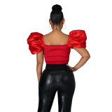 Solid Color Satin Puff Sleeve Crop Top