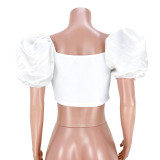 Solid Color Satin Puff Sleeve Crop Top