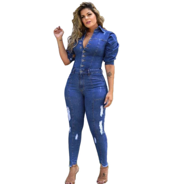 Casual Stacked Puff Sleeve Denim Ripped Jumpsuit