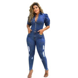 Casual Stacked Puff Sleeve Denim Ripped Jumpsuit