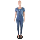 Casual Pleated Denim Ripped Holes Jumpsuit