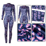 Casual Half-high Collar Contrasting Print Letters Jumpsuit