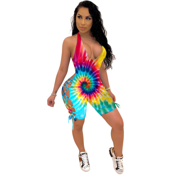 Sexy Halter Tie-Dye Backless Hollow Printed Romper