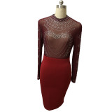 Solid Color Hot Rhinestone Perspective Party Midi Dress