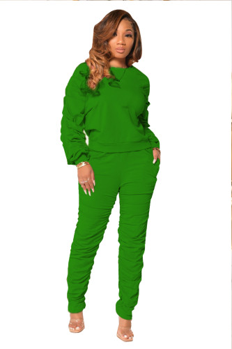 Solid Color Pullover Sweatshirt and Stacked Trousers