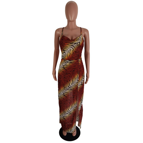 Chiffon Tiger Print Strap Maxi Dress
