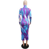 Mixed Color High Neck Long Sleeve Bodycon Dress