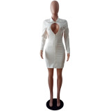 White Turn-down Neck Hollow Out Sexy Dress
