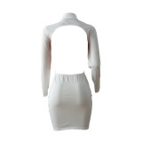 White Turn-down Neck Hollow Out Sexy Dress