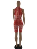 Printed Bandage Cut Out Sleeveless Romper with Triangle Scarf