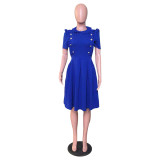 OL Style Ruffle Collar Short Sleeve Pleated Dress