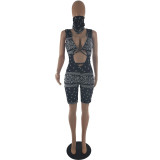 Printed Bandage Cut Out Sleeveless Romper with Triangle Scarf