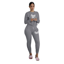 Casual Print Letter Pleated Sweatpants Two Piece with Pockets