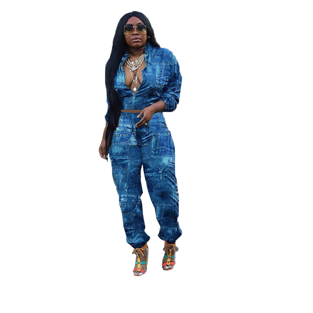 Casual Imitation Denim Print Two Piece Outfits