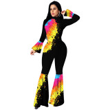 Casual Printed Flared Sleeve Flared Jumpsuit