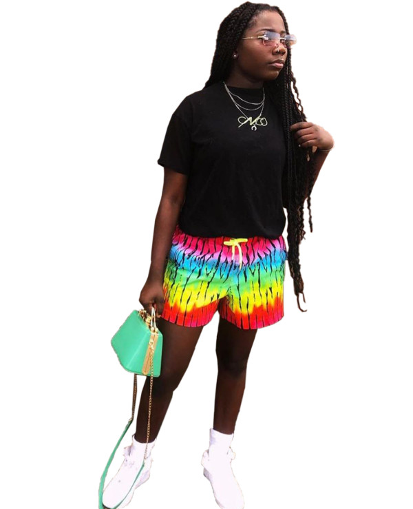 Casual Rainbow Print Shorts with Pocket