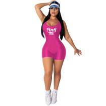 Solid Color Print Letter Sleeveless Tank Backless Romper