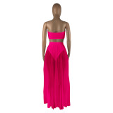 Solid Color Mesh Wrapped Top Hollow Pant and Perspective Long Skirt