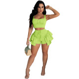 Solid Color Vest Crop Top and Ruffled Shorts Set