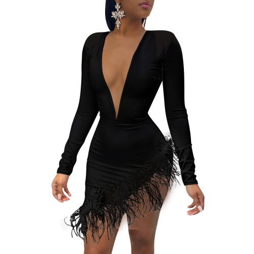 Drop Shipping Amazon Hot Selling Women's Feather Mesh Stitching Sexy dress