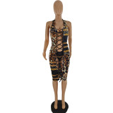 Leopard Hollow Printed Sexy Bandage Dress with Bikini Set