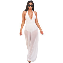 Mesh Lace-up Halter Romper Sexy Long Dress