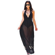 Mesh Lace-up Halter Romper Sexy Long Dress